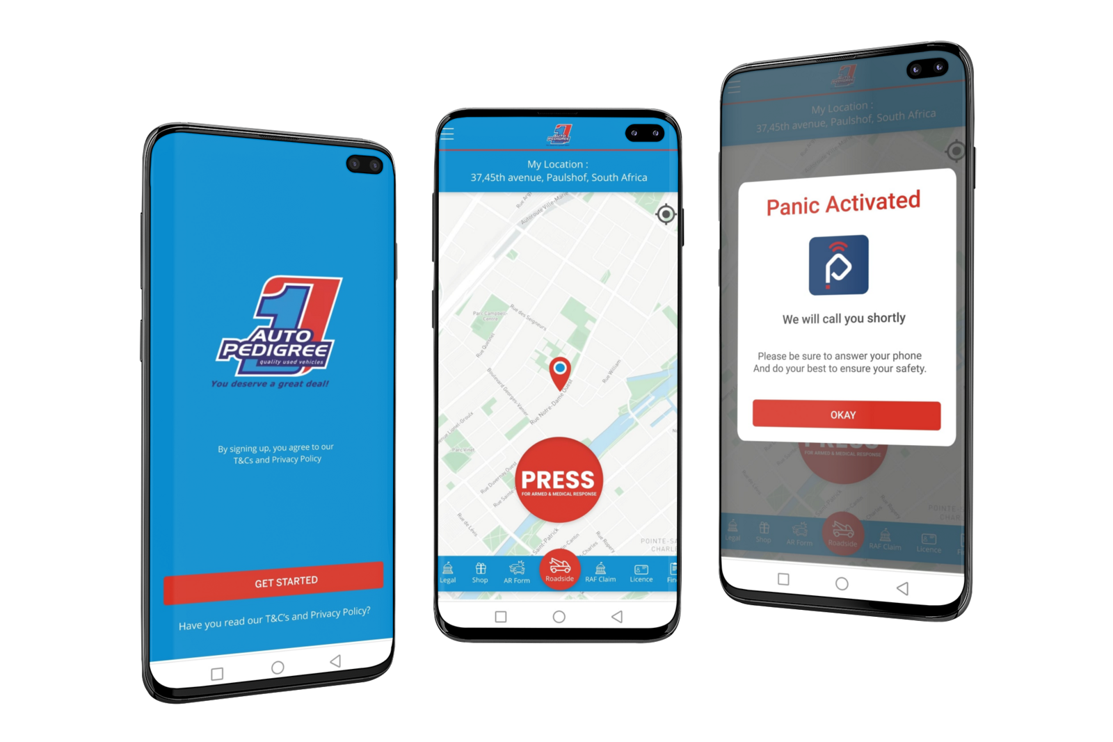 Auto Pedigree Premium Help app — splash screen, panic button on map, and Panic Activated confirmation